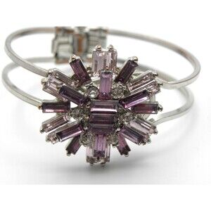 Vintage Starburst Bangle Bracelet Silver Tone Purple Rhinestone Glass Art Deco